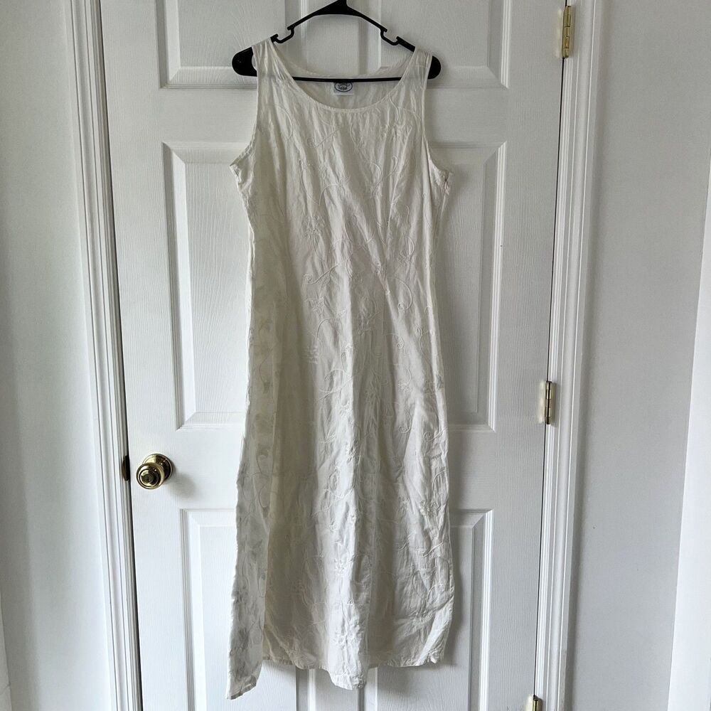 Laura Ashley Vtg 90s Sleeveless Floral Embroidered Cottagecore Ivory Dress Large